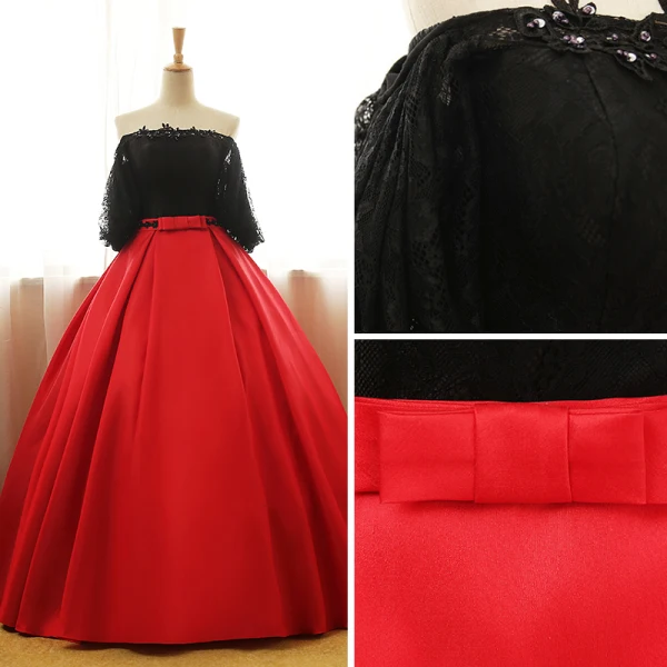 Chic / Belle Noire Rouge Robe De Bal 2017 Robe Boule Bustier 1/2 Manches Appliques En Dentelle Paillettes Perle Noeud Ceinture Longue Volants Dos Nu Robe De Ceremonie