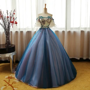 Chic Beautiful Champagne Ocean Blue Prom Dresses 2017 Ball Gown Off The Shoulder 1 2 Sleeves Appliques Lace Flower Rhinestone Floor Length Long Ruffle Backless