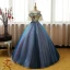 Chic / Beautiful Champagne Ocean Blue Prom Dresses 2017 Ball Gown Off-The-Shoulder 1/2 Sleeves Appliques Lace Flower Rhinestone Floor-Length / Long Ruffle Backless