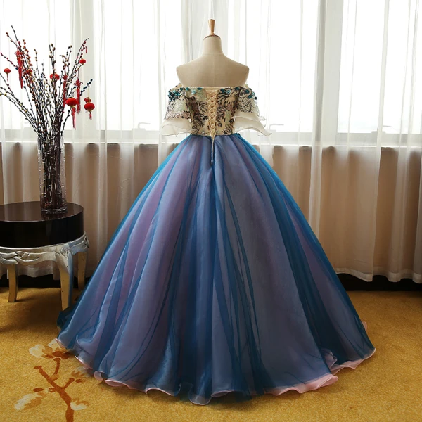 Chic / Beautiful Champagne Ocean Blue Prom Dresses 2017 Ball Gown Off-The-Shoulder 1/2 Sleeves Appliques Lace Flower Rhinestone Floor-Length / Long Ruffle Backless