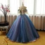 Chic / Beautiful Champagne Ocean Blue Prom Dresses 2017 Ball Gown Off-The-Shoulder 1/2 Sleeves Appliques Lace Flower Rhinestone Floor-Length / Long Ruffle Backless