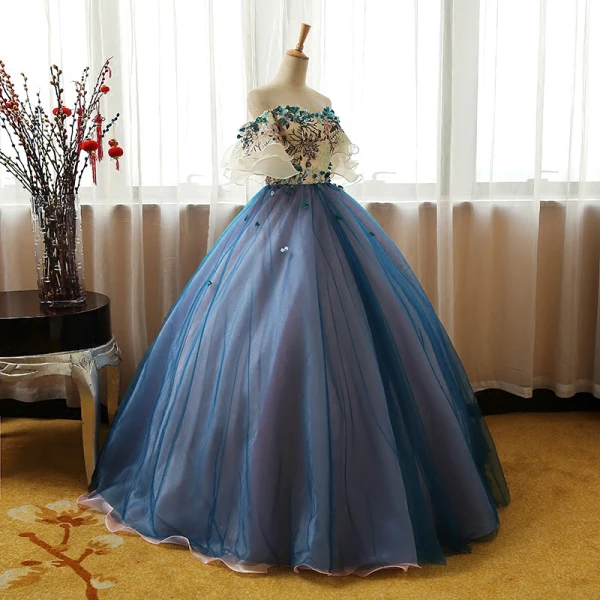 Chic / Beautiful Champagne Ocean Blue Prom Dresses 2017 Ball Gown Off-The-Shoulder 1/2 Sleeves Appliques Lace Flower Rhinestone Floor-Length / Long Ruffle Backless