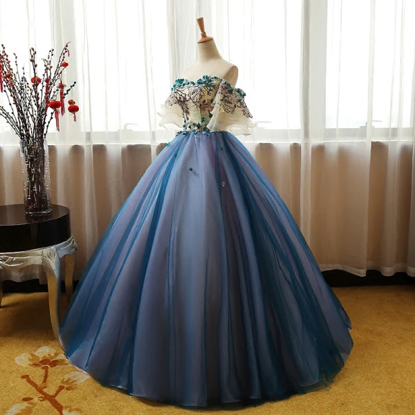 Chic / Beautiful Champagne Ocean Blue Prom Dresses 2017 Ball Gown Off-The-Shoulder 1/2 Sleeves Appliques Lace Flower Rhinestone Floor-Length / Long Ruffle Backless