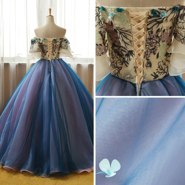Chic / Beautiful Champagne Ocean Blue Prom Dresses 2017 Ball Gown Off-The-Shoulder 1/2 Sleeves Appliques Lace Flower Rhinestone Floor-Length / Long Ruffle Backless