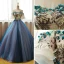 Chic / Beautiful Champagne Ocean Blue Prom Dresses 2017 Ball Gown Off-The-Shoulder 1/2 Sleeves Appliques Lace Flower Rhinestone Floor-Length / Long Ruffle Backless