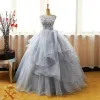 Modern / Fashion Grey Prom Dresses 2017 Ball Gown Scoop Neck Sleeveless Appliques Lace Flower Rhinestone Floor-Length / Long Cascading Ruffles Backless Formal Dresses