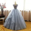 Modern / Fashion Grey Prom Dresses 2017 Ball Gown Scoop Neck Sleeveless Appliques Lace Flower Rhinestone Floor-Length / Long Cascading Ruffles Backless Formal Dresses