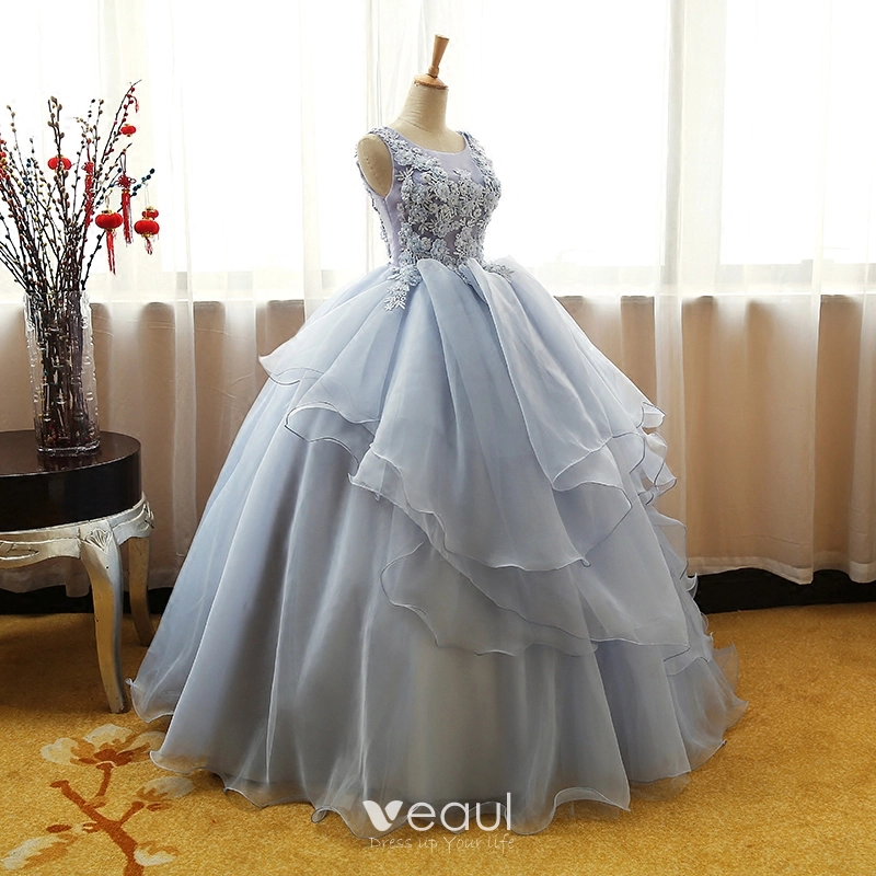 Modern / Fashion Grey Prom Dresses 2017 Ball Gown Scoop Neck Sleeveless Appliques Lace Flower Rhinestone Floor-Length / Long Cascading Ruffles