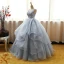 Modern / Fashion Grey Prom Dresses 2017 Ball Gown Scoop Neck Sleeveless Appliques Lace Flower Rhinestone Floor-Length / Long Cascading Ruffles Backless Formal Dresses