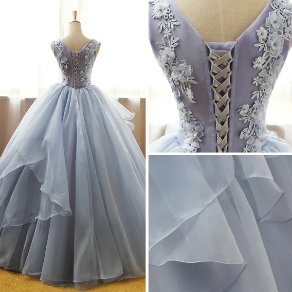Modern / Fashion Grey Prom Dresses 2017 Ball Gown Scoop Neck Sleeveless Appliques Lace Flower Rhinestone Floor-Length / Long Cascading Ruffles Backless Formal Dresses