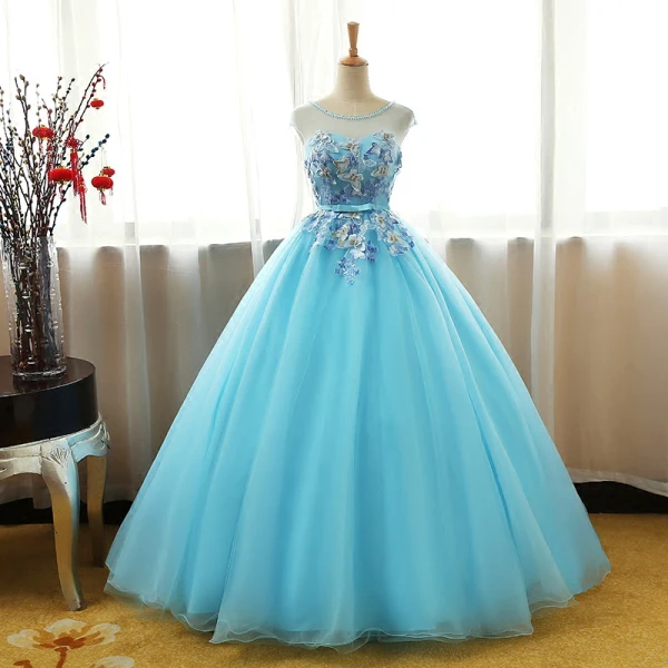 Chic / Belle Bleu Robe De Bal 2017 Robe Boule Cristal Encolure Dégagée Sans Manches Appliques Fleur Noeud Ceinture Longue Volants Percé Dos Nu Robe De Ceremonie