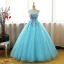 Chic / Belle Bleu Robe De Bal 2017 Robe Boule Cristal Encolure Dégagée Sans Manches Appliques Fleur Noeud Ceinture Longue Volants Percé Dos Nu Robe De Ceremonie