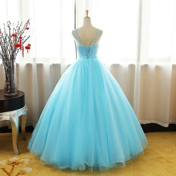 Chic / Belle Bleu Robe De Bal 2017 Robe Boule Cristal Encolure Dégagée Sans Manches Appliques Fleur Noeud Ceinture Longue Volants Percé Dos Nu Robe De Ceremonie