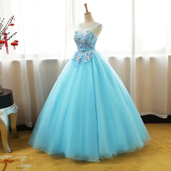 Chic / Belle Bleu Robe De Bal 2017 Robe Boule Cristal Encolure Dégagée Sans Manches Appliques Fleur Noeud Ceinture Longue Volants Percé Dos Nu Robe De Ceremonie