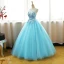 Chic / Belle Bleu Robe De Bal 2017 Robe Boule Cristal Encolure Dégagée Sans Manches Appliques Fleur Noeud Ceinture Longue Volants Percé Dos Nu Robe De Ceremonie
