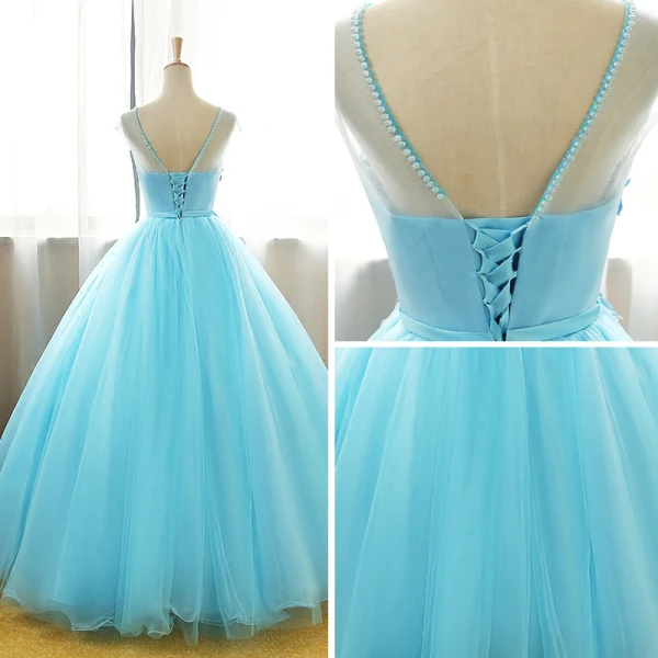 Chic / Belle Bleu Robe De Bal 2017 Robe Boule Cristal Encolure Dégagée Sans Manches Appliques Fleur Noeud Ceinture Longue Volants Percé Dos Nu Robe De Ceremonie