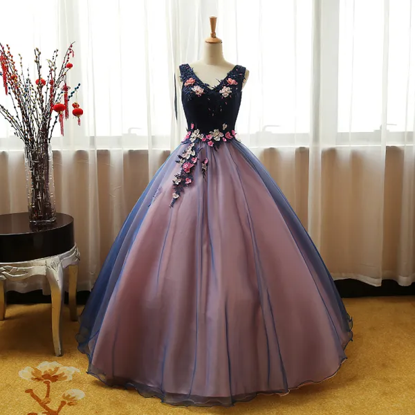 Chic / Beautiful Navy Blue Pearl Pink Prom Dresses 2017 Ball Gown V-Neck Sleeveless Appliques Lace Flower Pearl Sequins Floor-Length / Long Ruffle Backless Formal Dresses