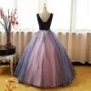 Chic / Beautiful Navy Blue Pearl Pink Prom Dresses 2017 Ball Gown V-Neck Sleeveless Appliques Lace Flower Pearl Sequins Floor-Length / Long Ruffle Backless Formal Dresses