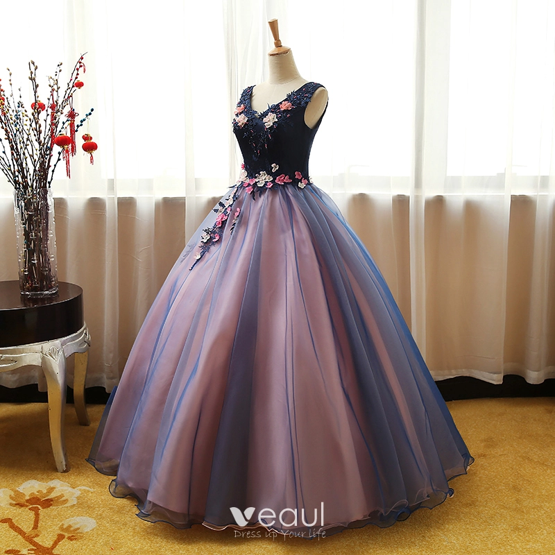 Veaul Chic Beautiful Navy Blue Pearl Pink Prom Dresses 2017 Ball Gown V Neck Sleeveless Lace