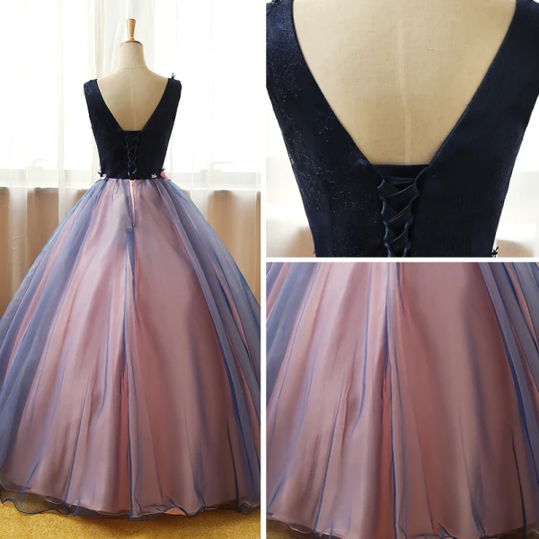 Chic / Belle Bleu Marine Perle Rose Robe De Bal 2017 Robe Boule V-Cou Sans Manches Appliques En Dentelle Fleur Perle Paillettes Longue Volants Dos Nu Robe De Ceremonie