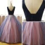 Chic / Belle Bleu Marine Perle Rose Robe De Bal 2017 Robe Boule V-Cou Sans Manches Appliques En Dentelle Fleur Perle Paillettes Longue Volants Dos Nu Robe De Ceremonie