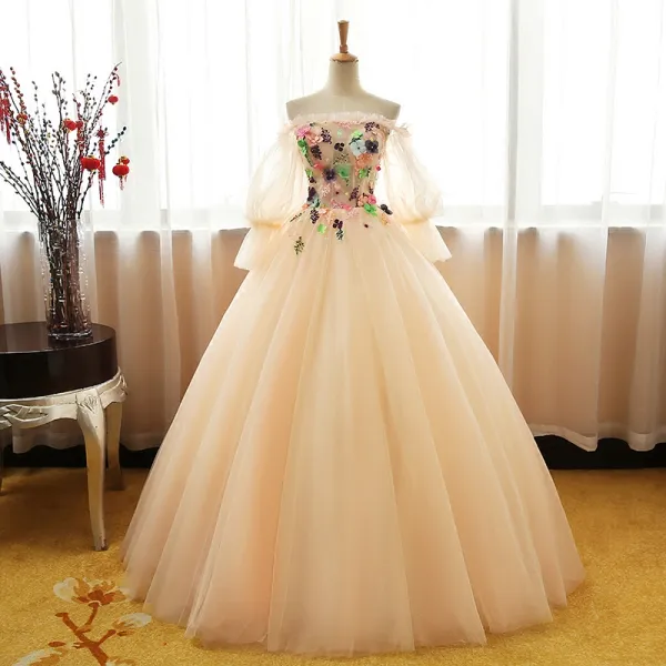Chic / Beautiful Champagne Prom Dresses 2017 Ball Gown Off-The-Shoulder Long Sleeve Appliques Flower Rhinestone Floor-Length / Long Ruffle Backless Formal Dresses