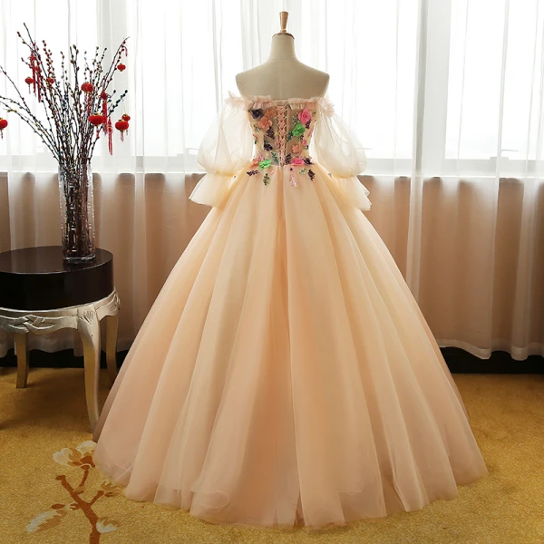 Chic / Beautiful Champagne Prom Dresses 2017 Ball Gown Off-The-Shoulder Long Sleeve Appliques Flower Rhinestone Floor-Length / Long Ruffle Backless Formal Dresses