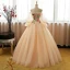 Chic / Beautiful Champagne Prom Dresses 2017 Ball Gown Off-The-Shoulder Long Sleeve Appliques Flower Rhinestone Floor-Length / Long Ruffle Backless Formal Dresses