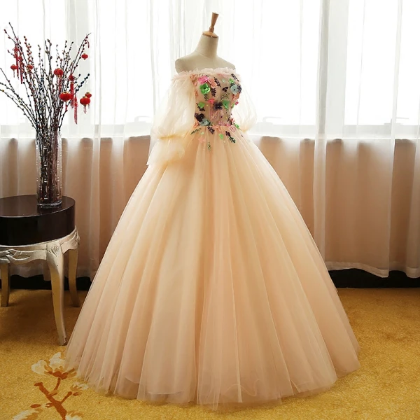 Chic / Beautiful Champagne Prom Dresses 2017 Ball Gown Off-The-Shoulder Long Sleeve Appliques Flower Rhinestone Floor-Length / Long Ruffle Backless Formal Dresses