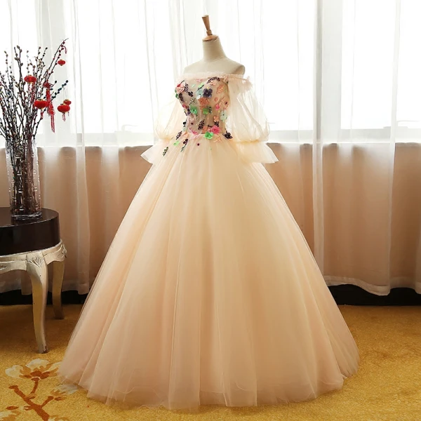 Chic / Beautiful Champagne Prom Dresses 2017 Ball Gown Off-The-Shoulder Long Sleeve Appliques Flower Rhinestone Floor-Length / Long Ruffle Backless Formal Dresses