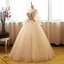 Chic / Beautiful Champagne Prom Dresses 2017 Ball Gown Off-The-Shoulder Long Sleeve Appliques Flower Rhinestone Floor-Length / Long Ruffle Backless Formal Dresses