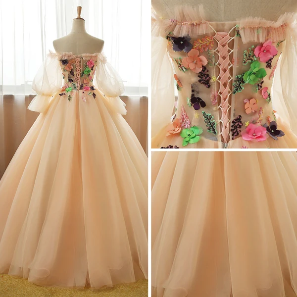 Chic / Beautiful Champagne Prom Dresses 2017 Ball Gown Off-The-Shoulder Long Sleeve Appliques Flower Rhinestone Floor-Length / Long Ruffle Backless Formal Dresses