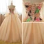 Chic / Beautiful Champagne Prom Dresses 2017 Ball Gown Off-The-Shoulder Long Sleeve Appliques Flower Rhinestone Floor-Length / Long Ruffle Backless Formal Dresses