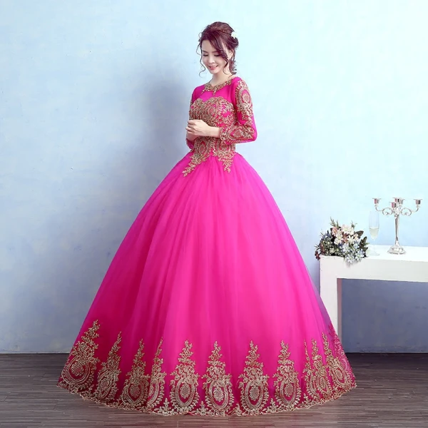 Chic / Belle Rose Bonbon Robe De Bal 2017 Robe Boule Encolure Dégagée Manches Longues Doré Appliques En Dentelle Longue Volants Percé Dos Nu Robe De Ceremonie