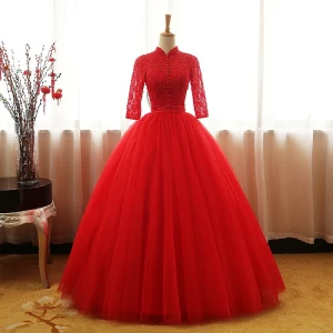 Style Chinois Rouge Robe De Bal 2017 Robe Boule Col Haut 3 4 Manches Paillettes Perlage Perle Ceinture Longue Volants Dos Nu Robe De Ceremonie