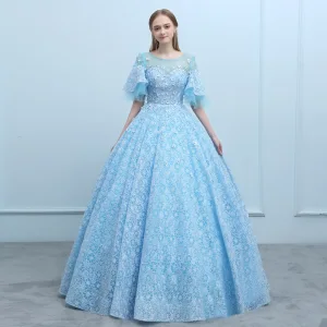 Elegante Blauw Doorzichtige Galajurken 2018 Baljurk Ronde Hals 1 2 Mouwen Appliques Bloem Kralen Lange Ruche Ruglooze Gelegenheid Jurken
