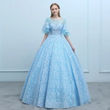 Elegant Pool Blue See Through Prom Dresses 2018 Ball Gown Scoop Neck 1 2 Sleeves Appliques Flower Beading Floor Length Long Ruffle Backless Formal Dresses