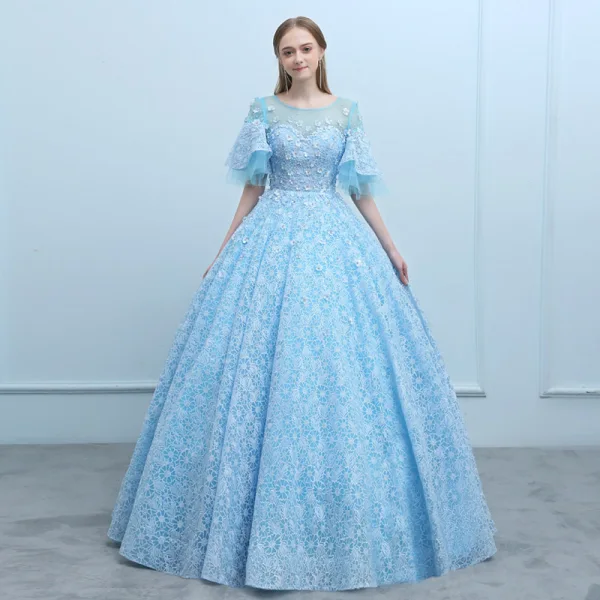 Elegant Pool Blue See-through Prom Dresses 2018 Ball Gown Scoop Neck 1/2 Sleeves Appliques Flower Beading Floor-Length / Long Ruffle Backless Formal Dresses