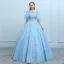 Elegant Pool Blue See-through Prom Dresses 2018 Ball Gown Scoop Neck 1/2 Sleeves Appliques Flower Beading Floor-Length / Long Ruffle Backless Formal Dresses