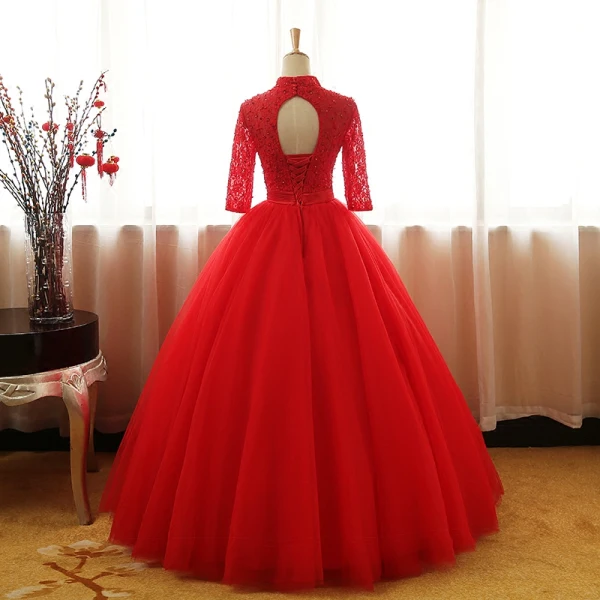 Chinese style Red Prom Dresses 2017 Ball Gown High Neck 3/4 Sleeve Sequins Beading Pearl Sash Floor-Length / Long Ruffle Backless Formal Dresses