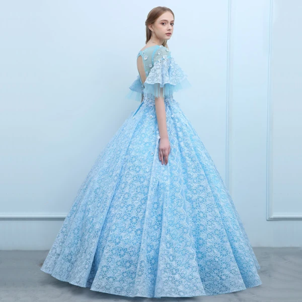 Elegant Pool Blue See-through Prom Dresses 2018 Ball Gown Scoop Neck 1/2 Sleeves Appliques Flower Beading Floor-Length / Long Ruffle Backless Formal Dresses