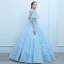 Elegant Pool Blue See-through Prom Dresses 2018 Ball Gown Scoop Neck 1/2 Sleeves Appliques Flower Beading Floor-Length / Long Ruffle Backless Formal Dresses