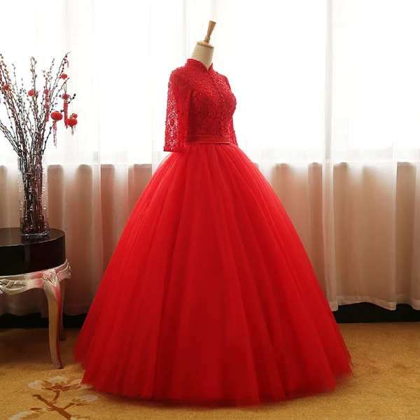 Chinese style Red Prom Dresses 2017 Ball Gown High Neck 3/4 Sleeve Sequins Beading Pearl Sash Floor-Length / Long Ruffle Backless Formal Dresses