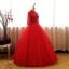 Chinese style Red Prom Dresses 2017 Ball Gown High Neck 3/4 Sleeve Sequins Beading Pearl Sash Floor-Length / Long Ruffle Backless Formal Dresses