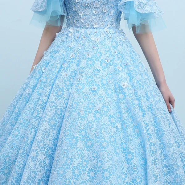 Elegant Pool Blue See-through Prom Dresses 2018 Ball Gown Scoop Neck 1/2 Sleeves Appliques Flower Beading Floor-Length / Long Ruffle Backless Formal Dresses