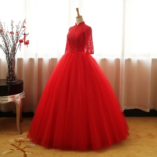 Chinese style Red Prom Dresses 2017 Ball Gown High Neck 3/4 Sleeve Sequins Beading Pearl Sash Floor-Length / Long Ruffle Backless Formal Dresses