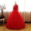 Chinese style Red Prom Dresses 2017 Ball Gown High Neck 3/4 Sleeve Sequins Beading Pearl Sash Floor-Length / Long Ruffle Backless Formal Dresses