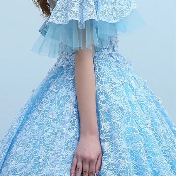 Elegant Pool Blue See-through Prom Dresses 2018 Ball Gown Scoop Neck 1/2 Sleeves Appliques Flower Beading Floor-Length / Long Ruffle Backless Formal Dresses