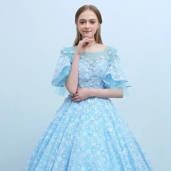 Elegant Pool Blue See-through Prom Dresses 2018 Ball Gown Scoop Neck 1/2 Sleeves Appliques Flower Beading Floor-Length / Long Ruffle Backless Formal Dresses