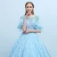 Elegant Pool Blue See-through Prom Dresses 2018 Ball Gown Scoop Neck 1/2 Sleeves Appliques Flower Beading Floor-Length / Long Ruffle Backless Formal Dresses